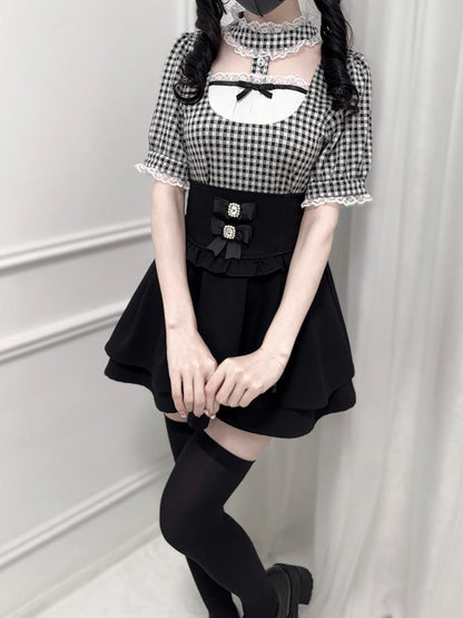 Blouse Jirai Kei Black and White Plaid Banded Collar Cutout Front Short Sleeves