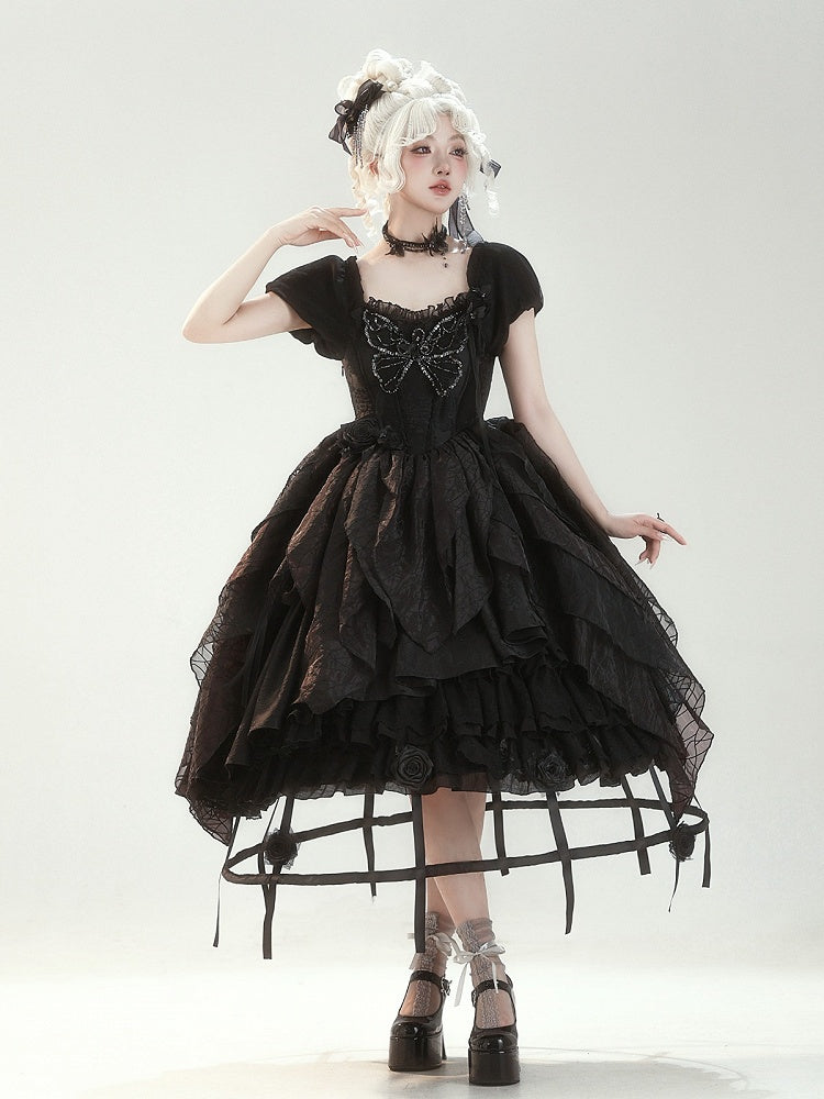 Butterfly Motif Puff Sleeve Lolita Top and Asymmetrical Hem Skirt Set in Black - Sweet Wood Lolita