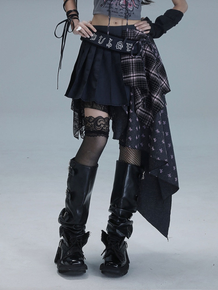 Gray Bow Pink Dark Plaid Asymmetrical Punk Pleated Skirt Print Panels with Patchwork