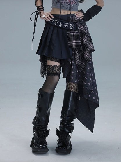 Gray Bow Pink Dark Plaid Asymmetrical Punk Pleated Skirt Print Panels with Patchwork