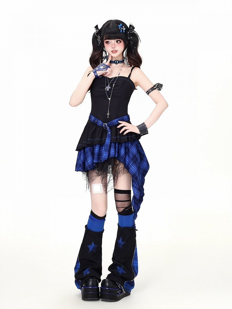 Asymmetrical Hem Camisole Dress in Blue Black Plaid - CRAZY GIRL