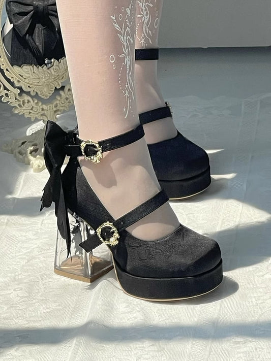 Koi Fish Charm Platform Mary Janes with Bowknot in Black - Floating Dream Realm