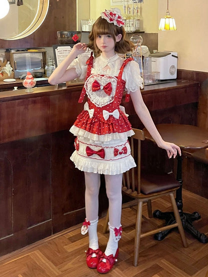 Polka Cami Ärmel Süße Puffschleife + Akzente Rock Lolita Set Top Cropped Dots Rot - Voll