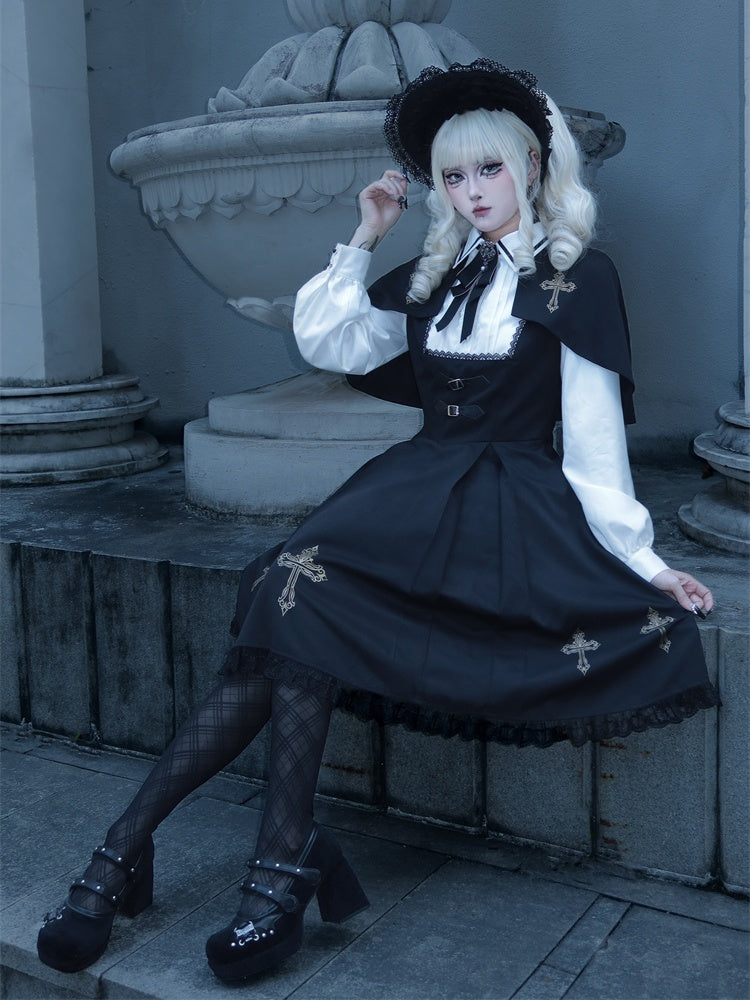 Black & Gold Cross Print Cape Design Gothic Dress Nun Lolita OP