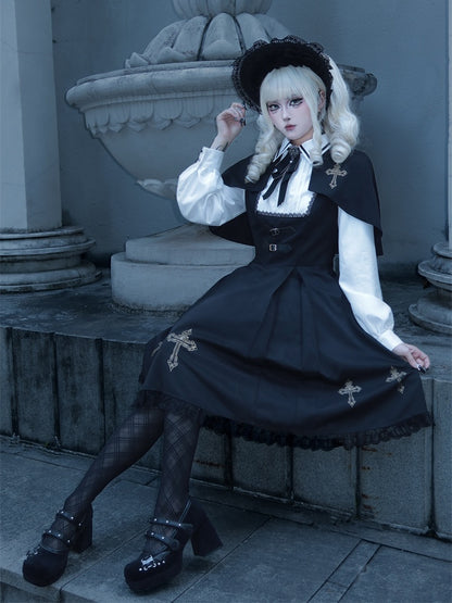 Black & Gold Cross Print Cape Design Gothic Dress Nun Lolita OP