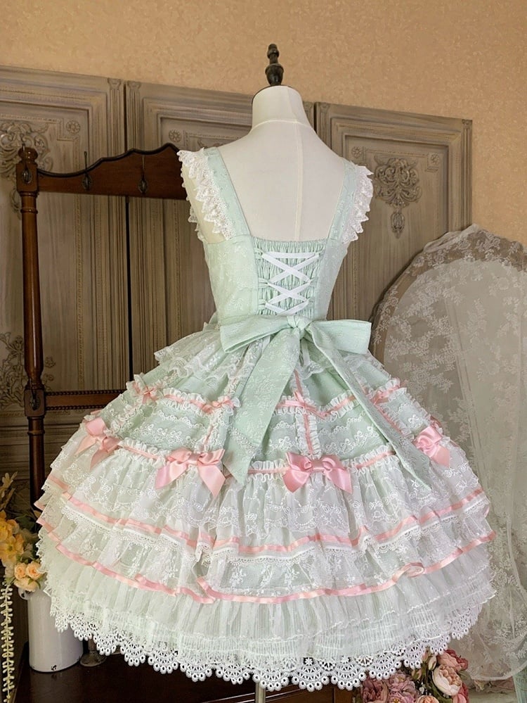 Mintgrüner Lagenrock Hanayome-Kleid Süßer Hime-Lolita-Pulloverrock mit abnehmbaren Schleifen