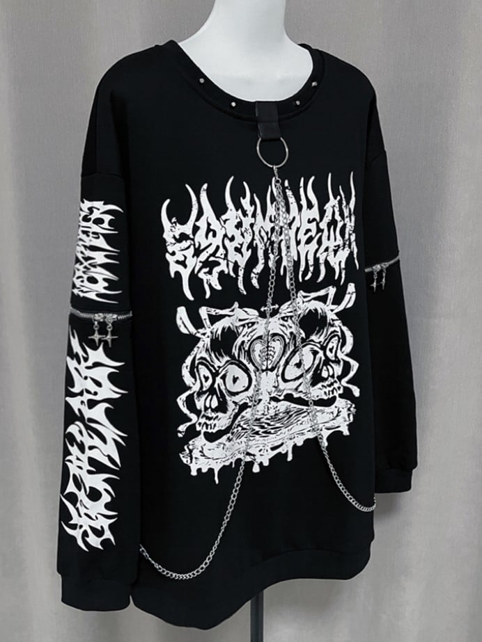 Chain-Embellished Gothic Neckline Black Sweatshirt Sleeves Studded Pullover with Zipper