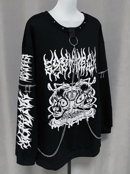 Chain-Embellished Gothic Neckline Black Sweatshirt Sleeves Studded Pullover with Zipper