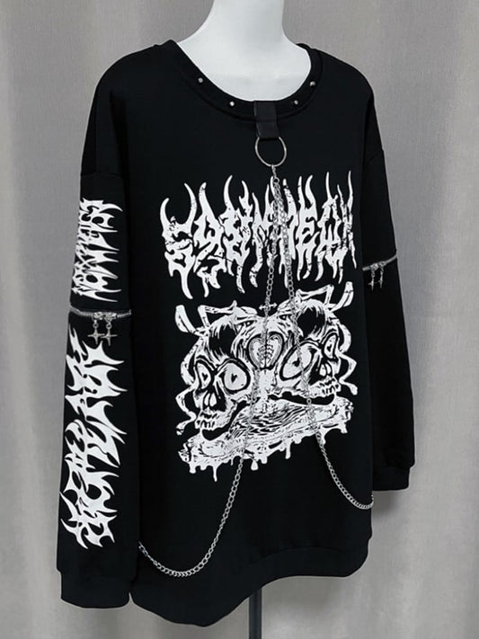 Chain-Embellished Gothic Neckline Black Sweatshirt Sleeves Studded Pullover with Zipper