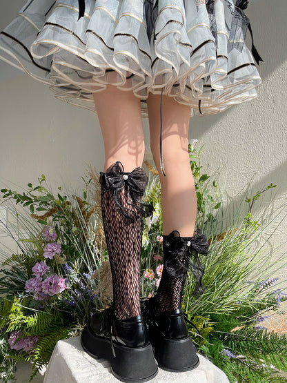 Socks Heart White/Black Lace Cutout Ribbon Bow Calf