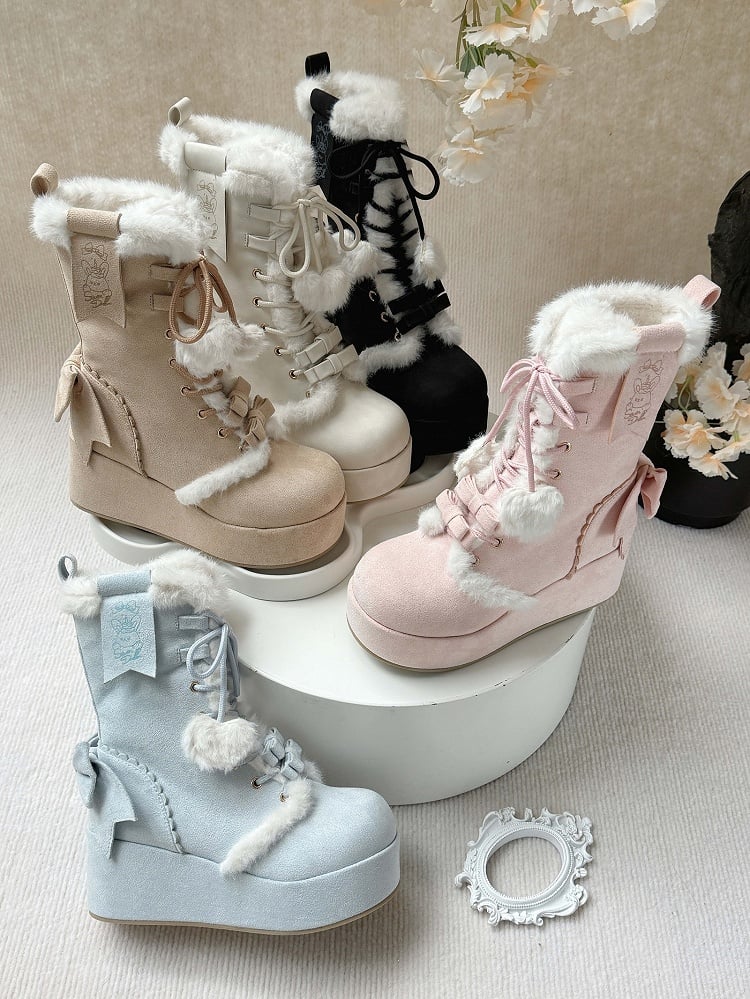 Lined in Sweet 4cm Black Romantic Lolita Boots Plush Bow Accents Platform