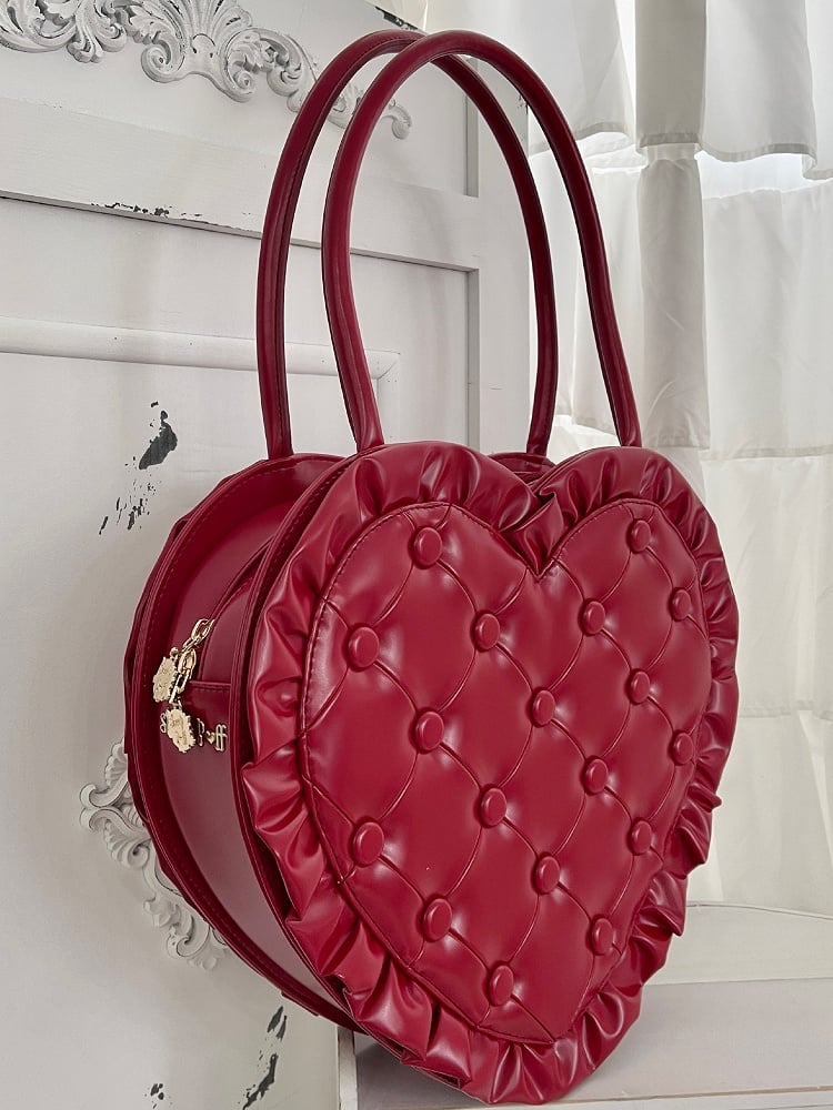 Red Ruffle with Trim Heart Lolita Bag Quilted PU