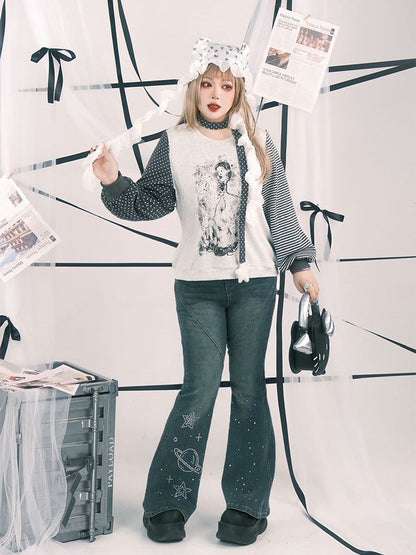 Print Anime with Girl Polka Size Striped Y2K Sleeve White Top Plus Dot