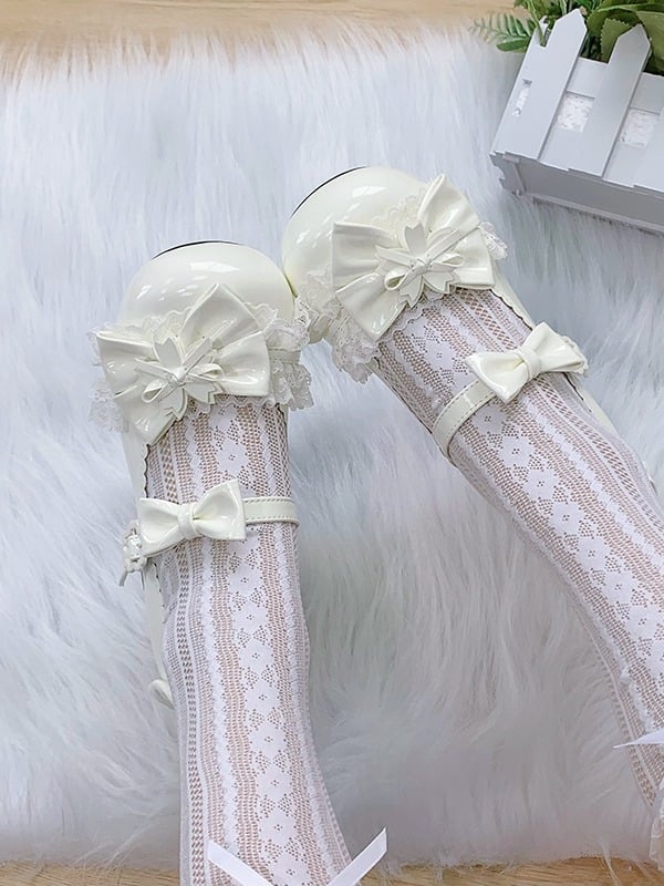 Ivory Kawaii Round Toe Lolita Shoes with Cherry Blossom, Lace & Bow - Hazelnut Bear