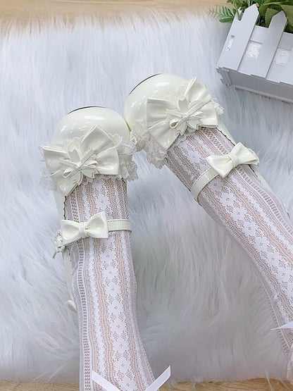 Ivory Kawaii Round Toe Lolita Shoes with Cherry Blossom, Lace & Bow - Hazelnut Bear