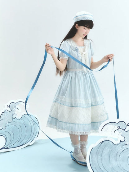 Blue Striped Lace OP with Bow Tie - Liz Bird