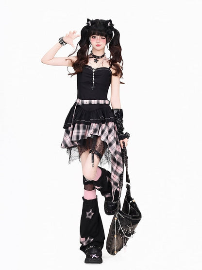 Black & Pink Plaid Asymmetric Hem Cami Dress - CRAZY GIRL