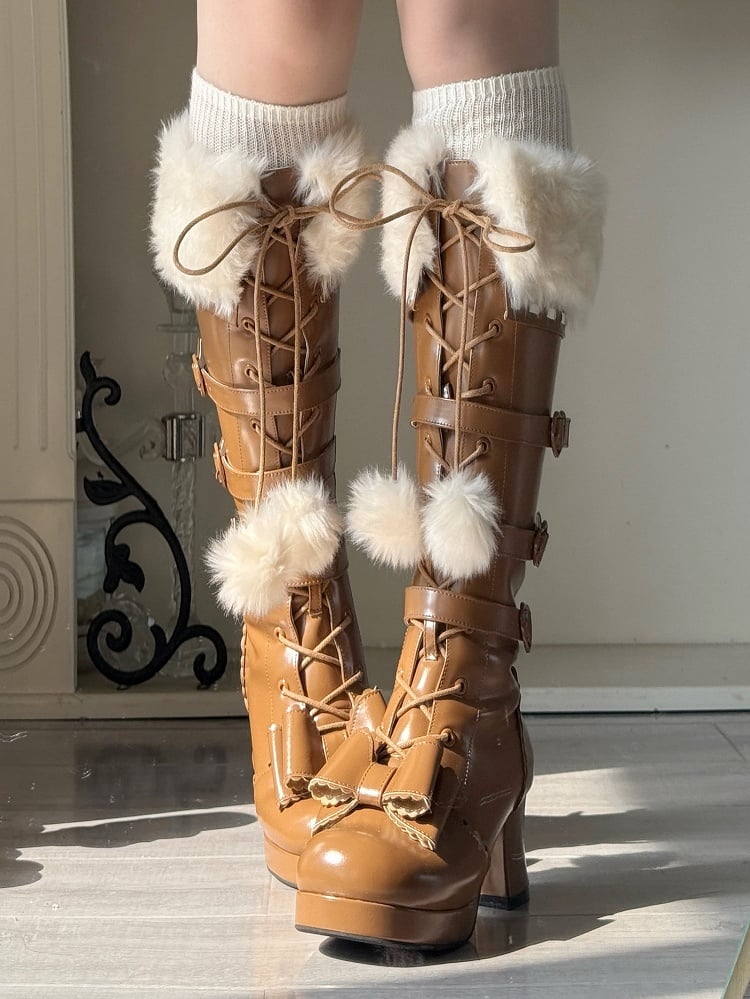 Light in Zip/Buckle Mid-heel with Boots Winter Boot Lolita PU Elegant Collar Brown Plush Details Ornate Lace