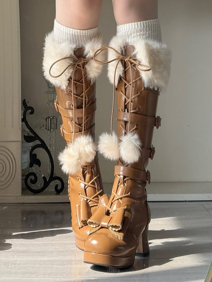 Light in Zip/Buckle Mid-heel with Boots Winter Boot Lolita PU Elegant Collar Brown Plush Details Ornate Lace