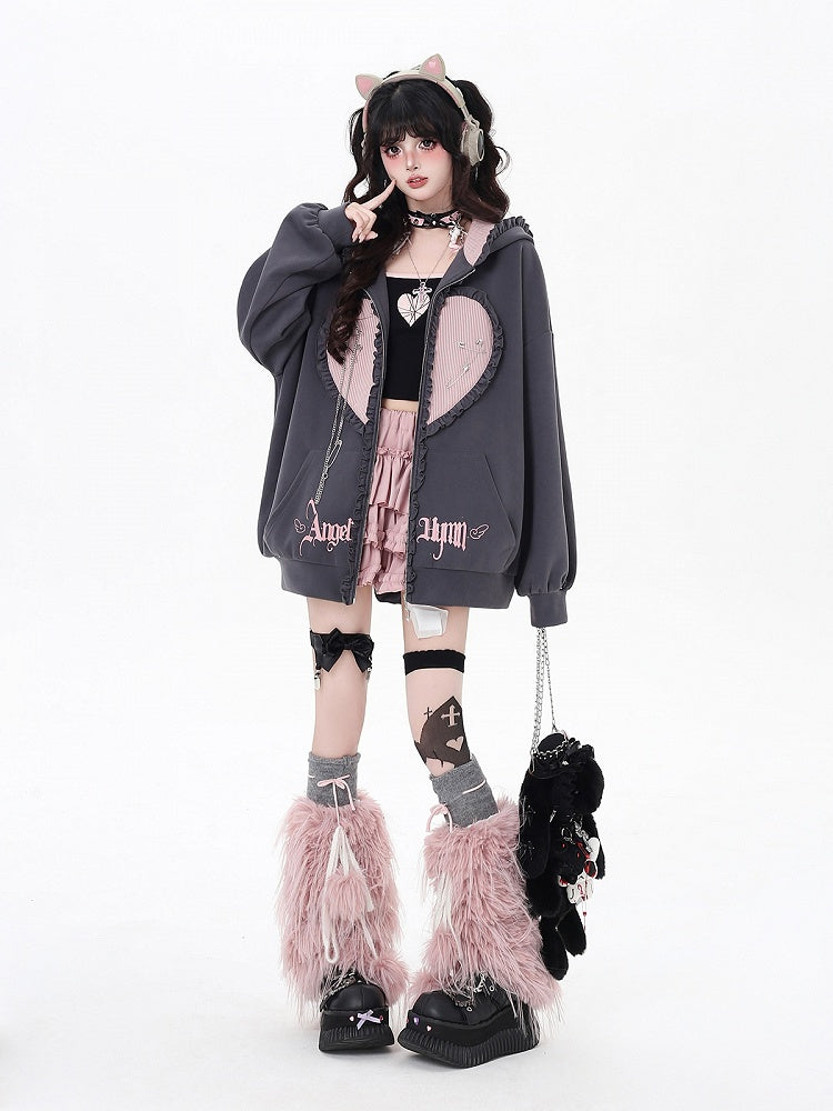 Black/Gray Ruffle Trim Zip-Up Hoodie with Bunny Ears and Sweetheart Applique