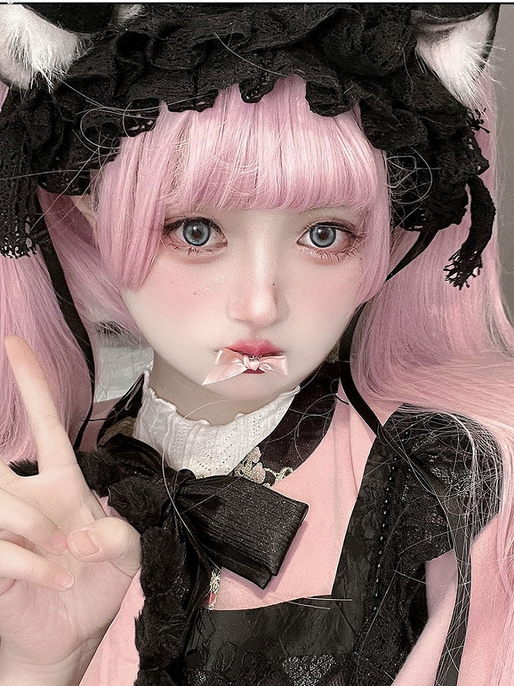 Clip Wig Pink Double Bangs Hair Short Ponytails Full with Claw