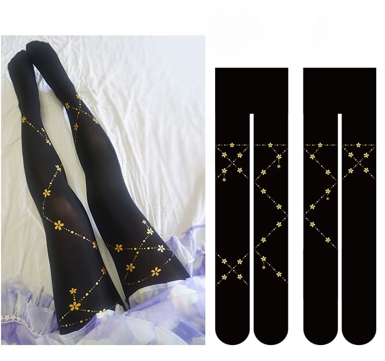 ブラック/ホワイト 桜柄タイツ