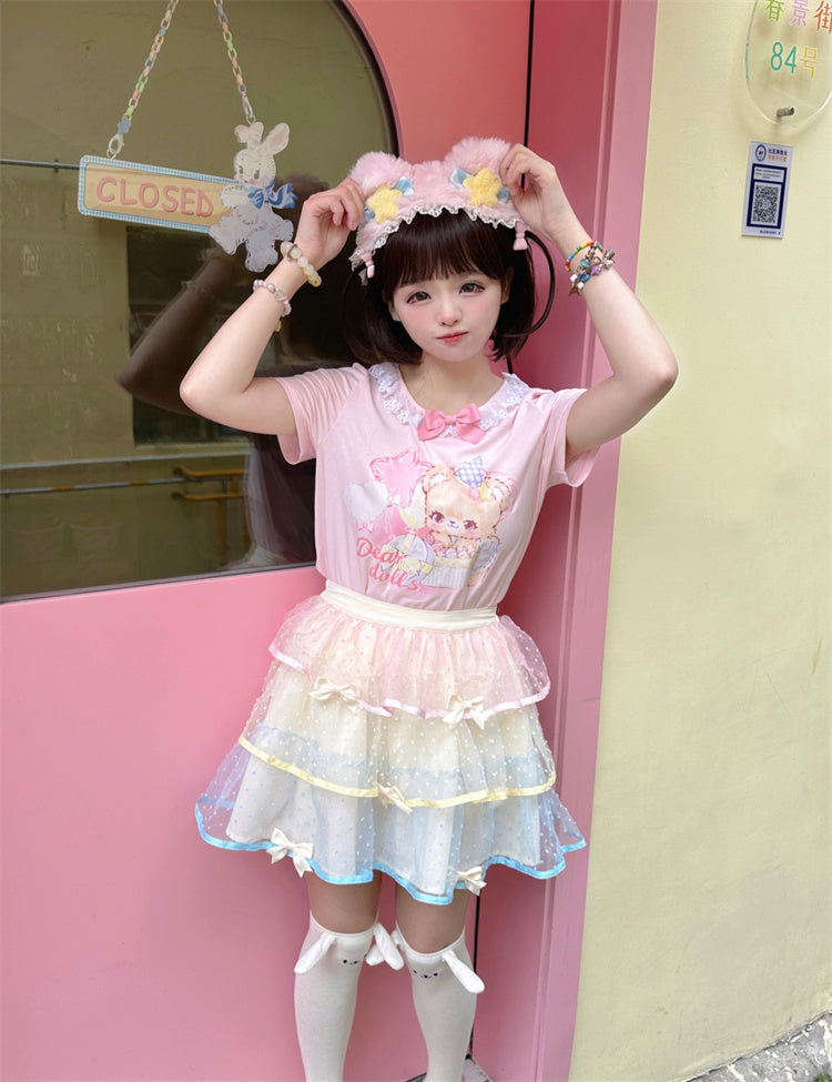 Ruffled Adorable Teddy Bear Print Bowknot Pink/Yellow Neckline Embellished T-Shirt