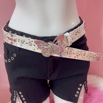 Belt Rhinestone White/Colorful Design Butterfly Decorated Waist
