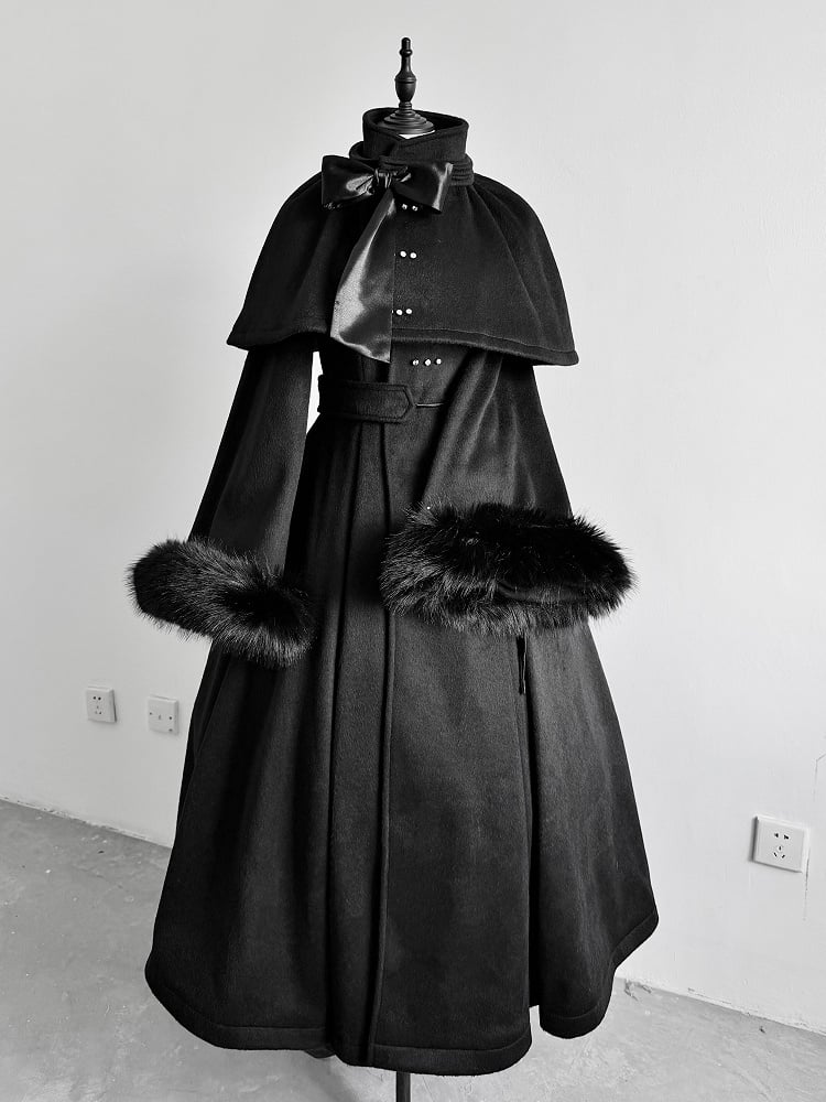 Gothic High and Cape Collar Black Lolita Woolen Furry with Detachable Coat Cuffs Winter