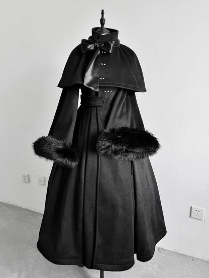 Gothic High and Cape Collar Black Lolita Woolen Furry with Detachable Coat Cuffs Winter