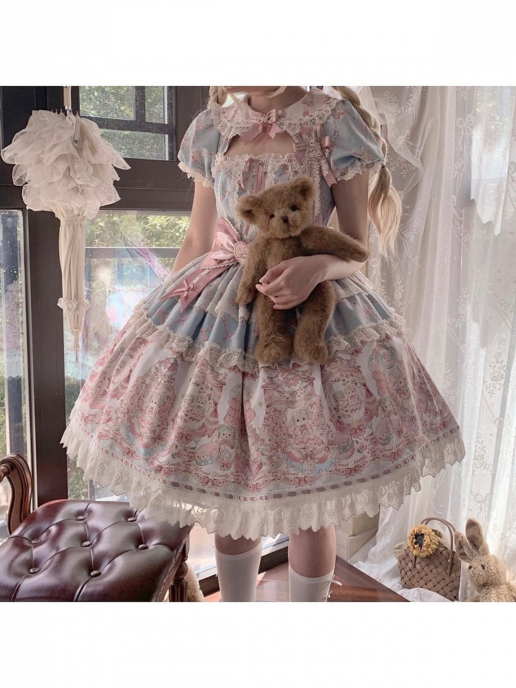 Peter Pan Collar Short-Sleeve OP Dress in Sweet Blue & Pink with Toy Bed Print - Alice Girl