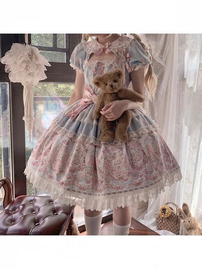 Peter Pan Collar Short-Sleeve OP Dress in Sweet Blue & Pink with Toy Bed Print - Alice Girl