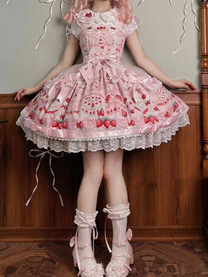 Süßer Kuchenpullover mit Erdbeerdruck und Kleidrock, Lolita, Pink, süß