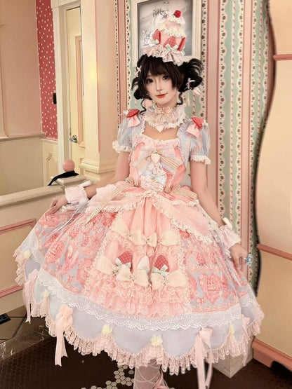 Blue & Pink Strawberry Cake Print Bell Sleeve Lolita Dress - Ball Lolita