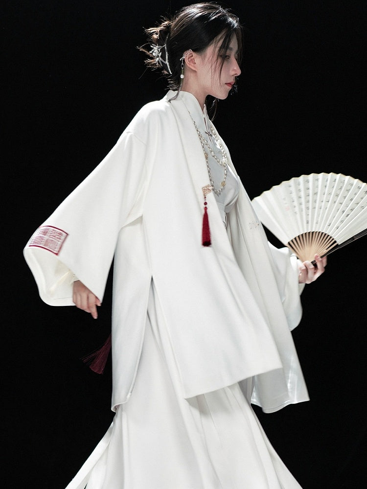 in Chain Chinese Unisex White Embroidery Coat Style Tassel Accents Removable