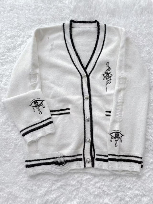 with Eye and Snake Embroidery Distressed Holes Knit Cardigan White