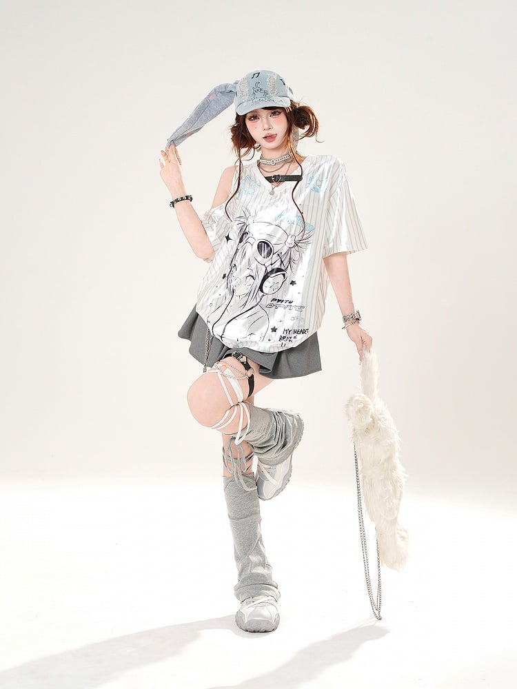Satin Anime Girl Print Cutout Shoulder T-shirt White Pattern Striped V-neck
