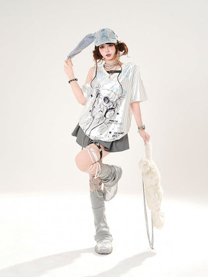 Satin Anime Girl Print Cutout Shoulder T-shirt White Pattern Striped V-neck