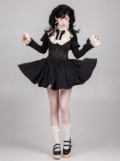 Black Square Neckline Boned Lolita OP Dress Set - With PUJI
