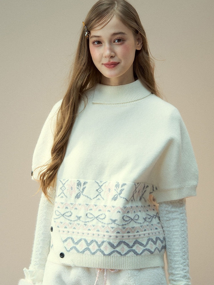 Pattern Short Beige Elegant Sleeve Vintage Asymmetrical with Sweater