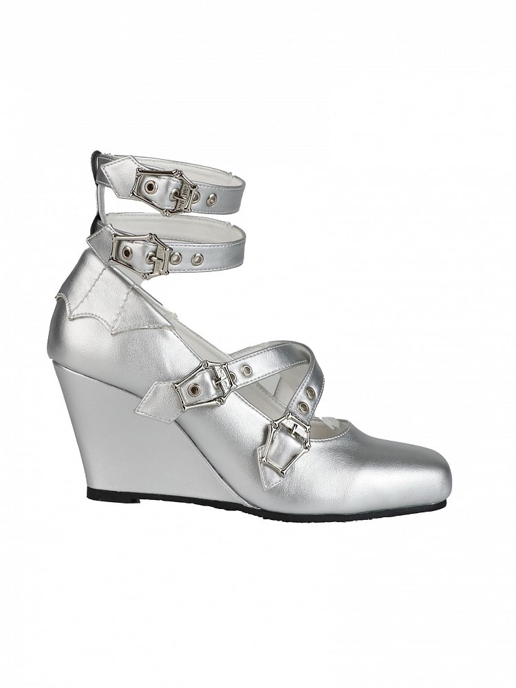 with Wedge Coffin-shaped Silver Design White Toe Gothic Crisscross Buckles Mary Square Janes