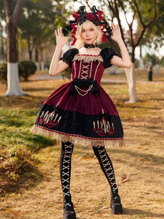 Polka Chandelier Lolita Red Suede Black Dot Sweet and Bows Dress Print with Wine