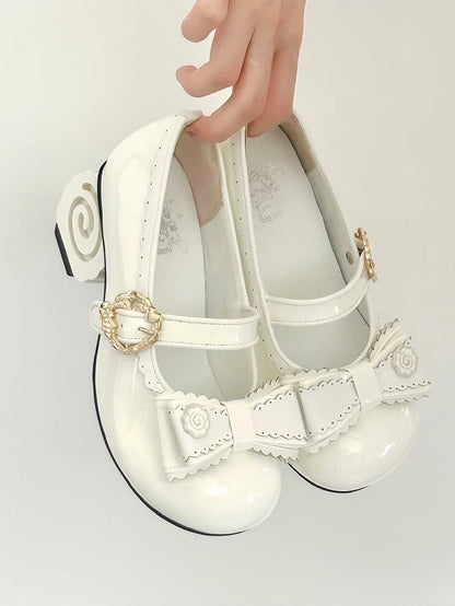 Decor Mid-heel Top with Bow Janes Sweet Design Snap White Mary Lolita Narutomaki PU