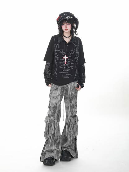 Grau/Grün verblasste Vintage Dark Wash Wide-Leg-Cargojeans mit Reißverschlussbündchen