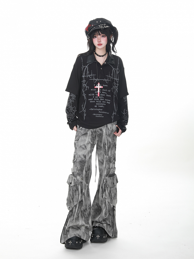 Graphic Long Sleeve Print Faux Two-Piece Gray/Black Punk with Top Gothic