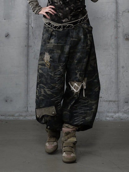 Pants Cargo Zigzag Punk Deconstructed with Camo Embroidery Vintage Design