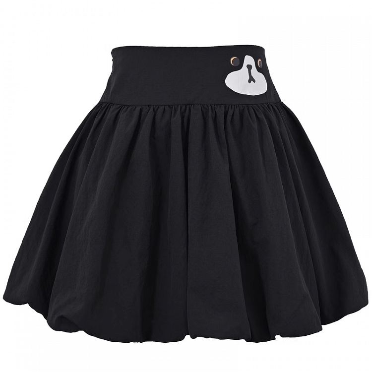 Schwarzer Ballonrock mit elastischer Taille und Kitty-Print