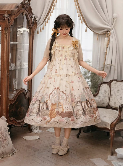 Beige Cat Print High Waist Sweet Lolita Jumper Skirt - NyaNya