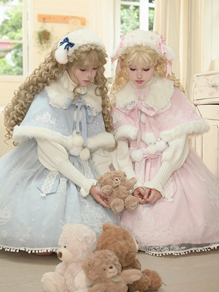Lolita Jumper Cape Light Print Castle Skirt Plush Snow Moon with Trim Overlay Blue Set