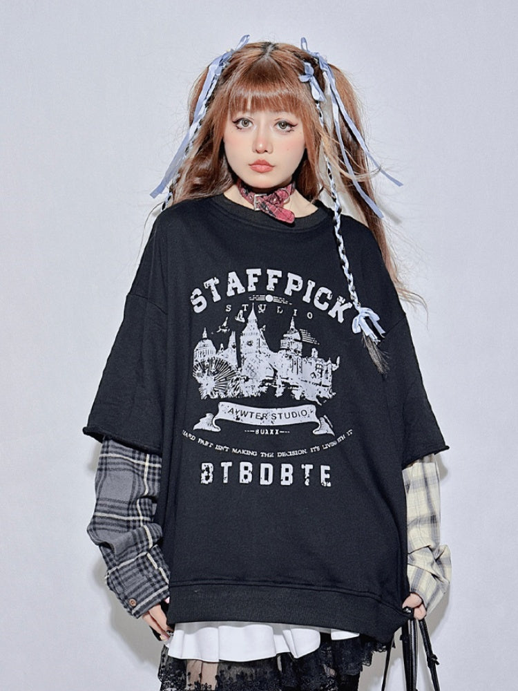 Black Plaid Round Neck Letter Layered-Look Sweatshirt